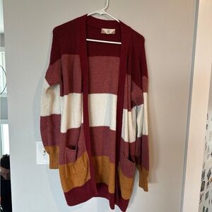 Pink Rose Burgundy, White & Mustard Striped Open Cardigan